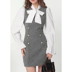 SHEIN Black and White Plaid Mini Dress with Bow